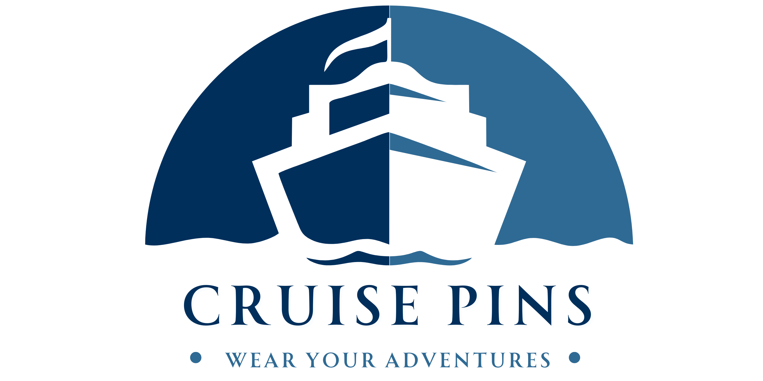 The website logo and brand which is a dark and light blue cruise ship on waters with the words Cruise Pins and below that Wear Your Adventures both in blue colour